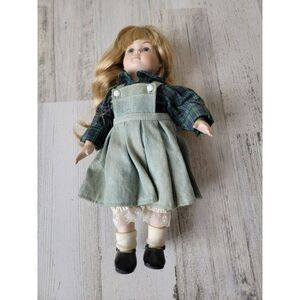 Marian Yu school girl porcelain doll green‎ plaid dress